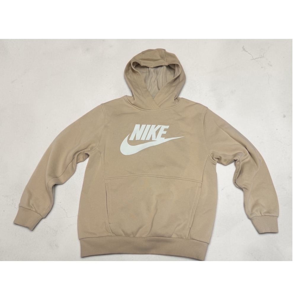Nike Kids Sportswear Club Fleece Hoodie Tan Khaki White Futura Logo Medium